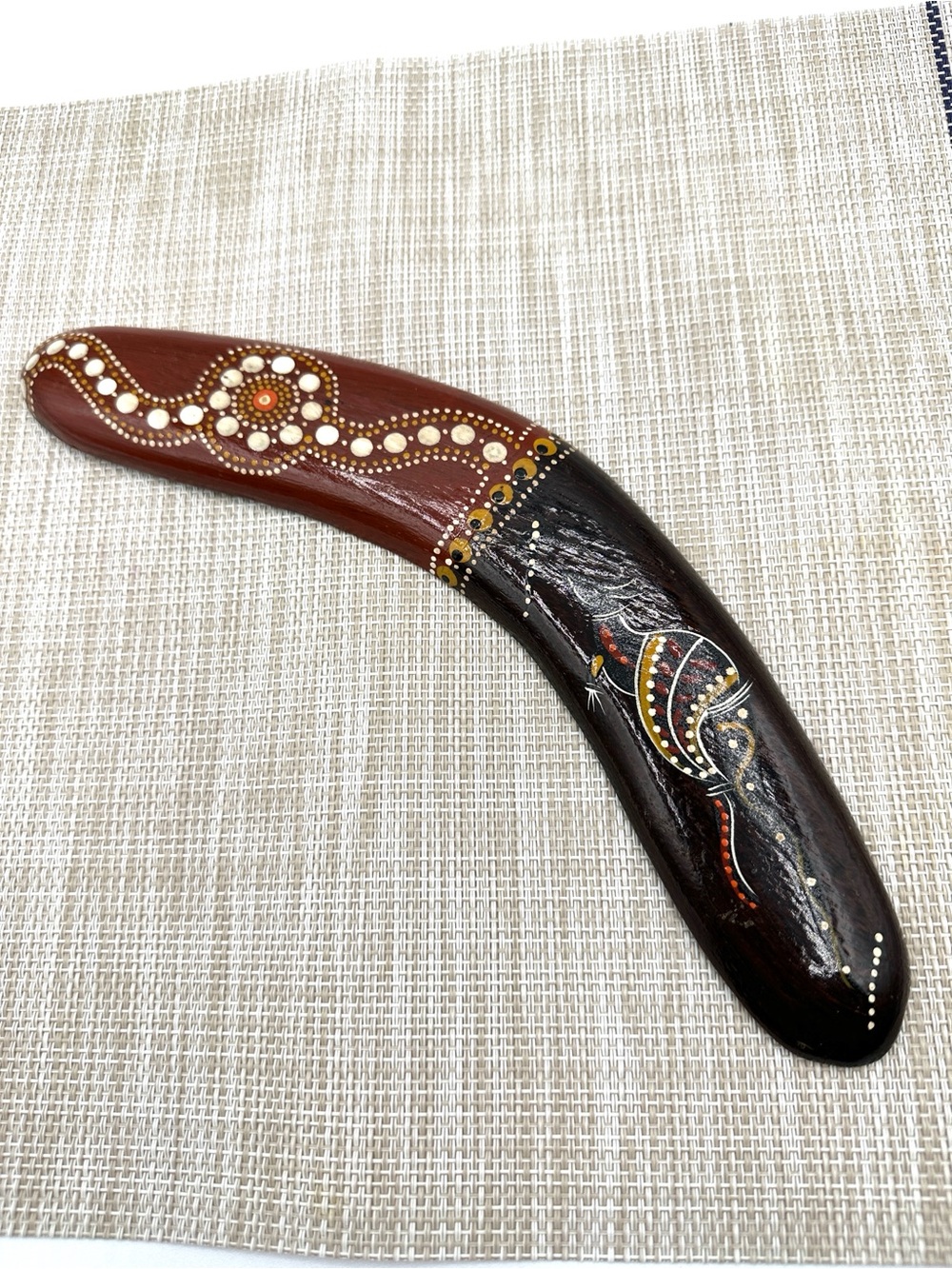 Australian Boomerang. Painted w Aboriginal Art. Hand Crafted